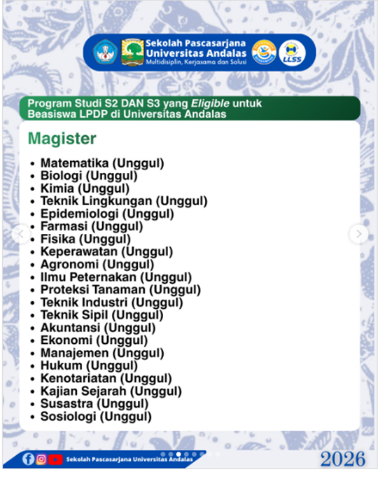 Penerimaan Mahasiswa Pascasarjana Universitas Andalas Khusus Pendaftar Beasiswa LPDP 2026