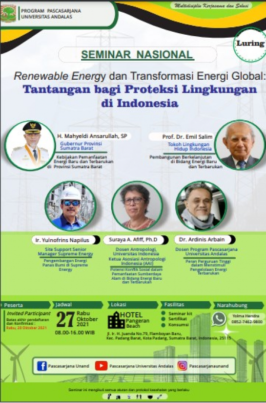 SEMINAR NASIONAL RENEWABLE ENERGY DAN TRANSFORMASI ENERGI GLOBAL: TANTANGAN BAGI PROTEKSI LINGKUNGAN DI INDONESIA