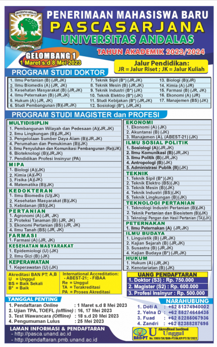 Informasi PMB Pascasarjana Universitas Andalas Gelombang I Tahun 2023