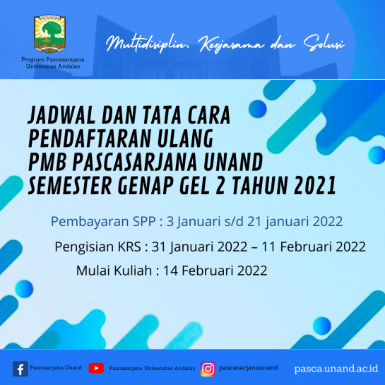 Prosedur Daftar Ulang Mahasiswa Baru Pascasarjana Unand Semester Genap Gelombang 2 TA 2021/2022