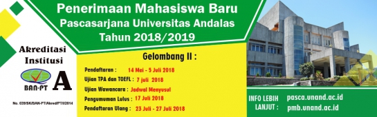 Jadwal Ujian TPA, TOEFL dan Wawancara Penerimaan Mahasiswa Baru Pascasarjana Unand Gelombang II TA 2018/2019